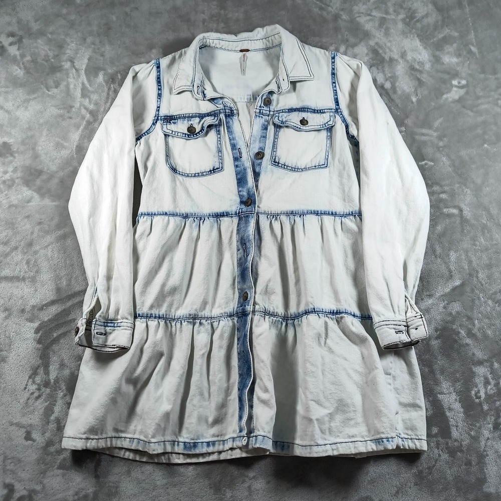 Free‎ People Mini Dress Womens Small Blue Denim Acid Wash Tiered Boho Light Wash